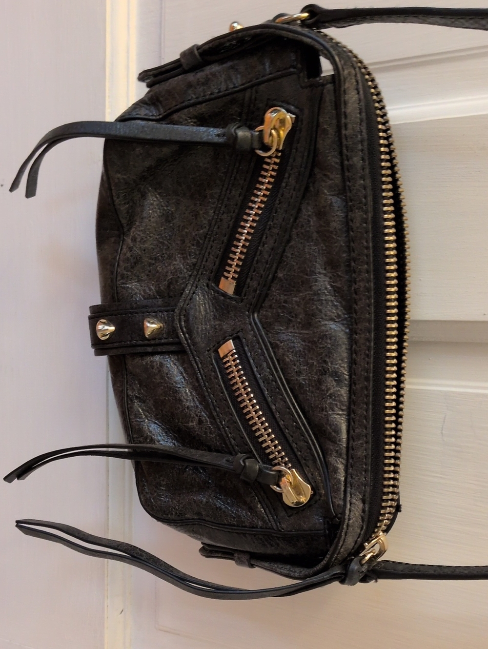 Botkier Distressed Charcoal Black Small Crossbody With Gold Studs & Details